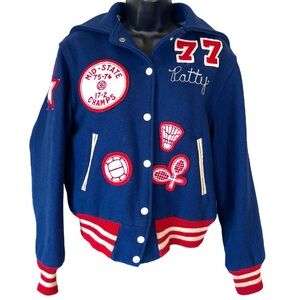 Vintage 1970’s Letterman Jacket w/Zip Up Hood Blue & Red